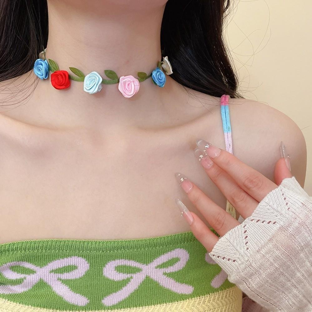 Dopamine Style Satin Cloth Flower Choker Collarbone Choker Summer Clavicle Chain  Gift