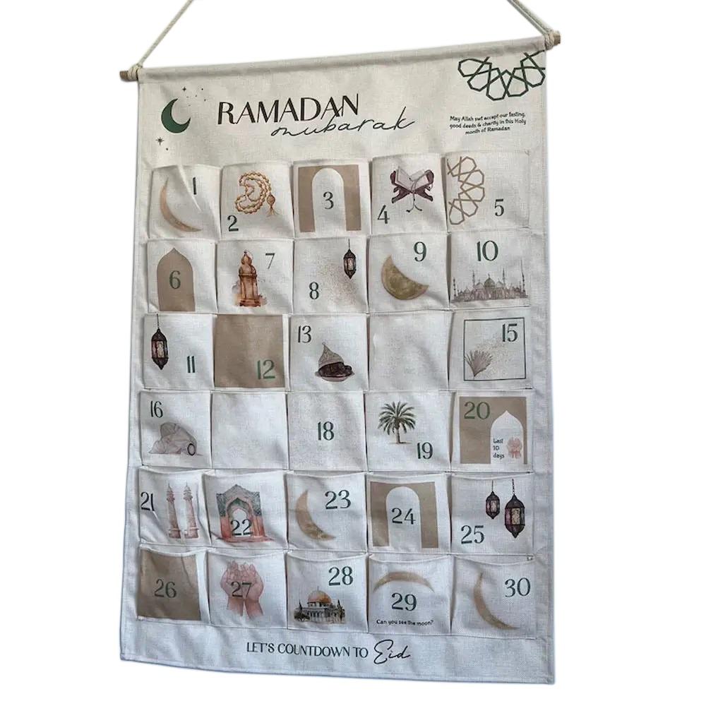 Холщовый Адвент-календарь Рамадан Исламский Декор Празднование Ид Ребенок Карим Настенная Сумка Декоративное Украшение