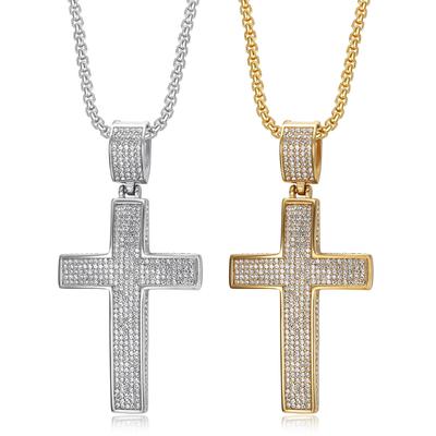 Hip Hop Jewelry Titanium Steel Gold Plated Full Diamond Cross Pendant Necklace