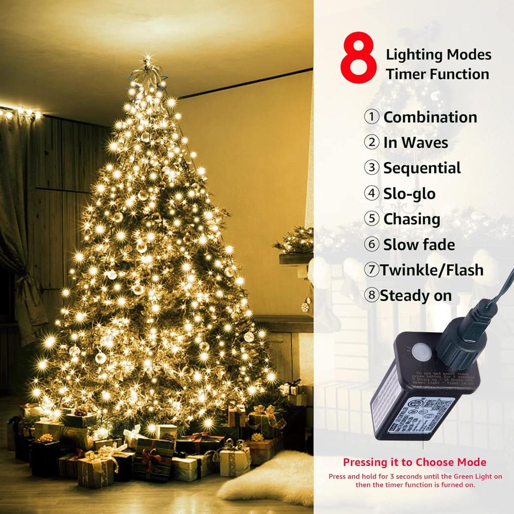 Christmas Tree Lights Christmas Lights Outdoor Indoor 400Led 9.84Ft 10 Lines Christmas Lights with 8 Modes and Timer, Fairy Tree Lights for Wedding