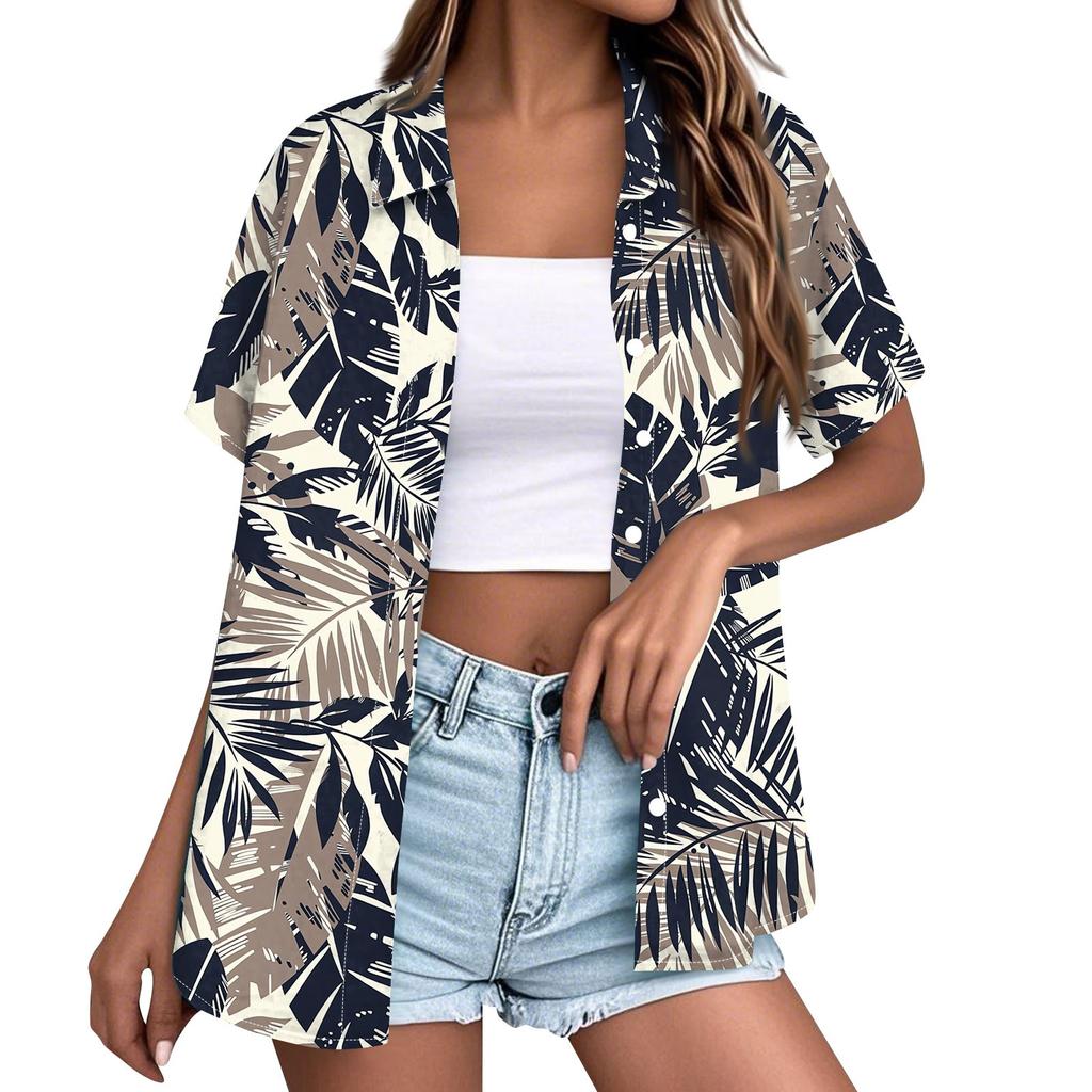 Moda Donna Casual Hawaiana Stampata Manica Corta Abbottonata con Risvolto Blusa Top