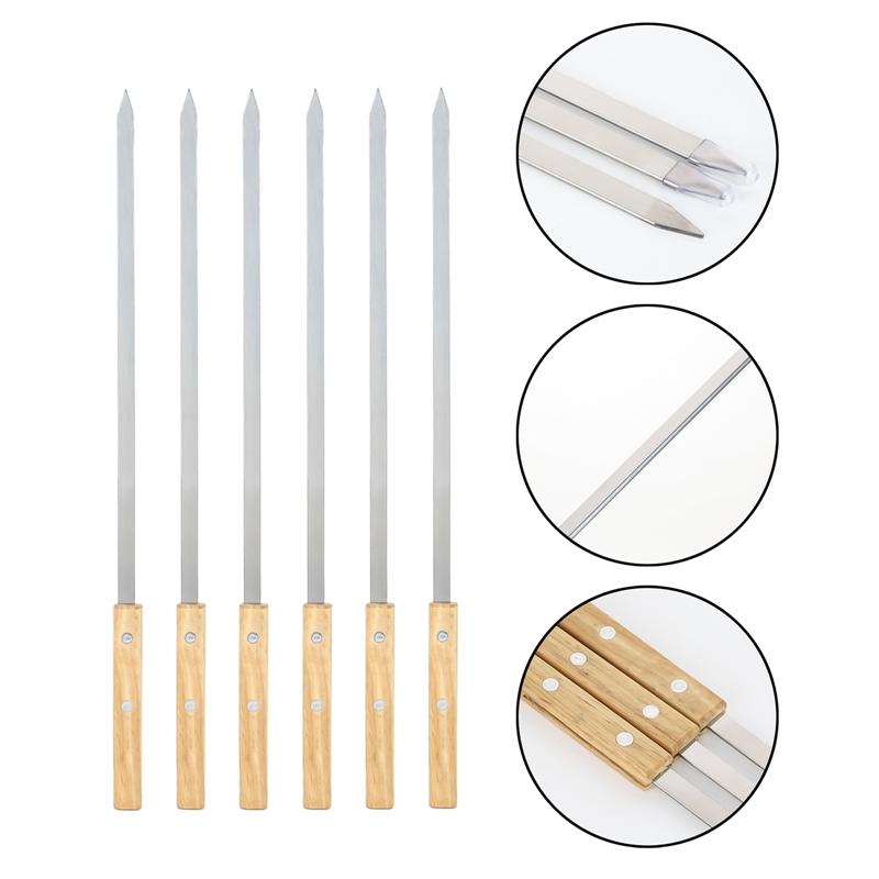 6pcs Stainless Steel Drill Needle Big Wooden Handle Flat Handle Barbecue Widened Extra-thick 42cm Sign Commercial Lamb Leg Sign