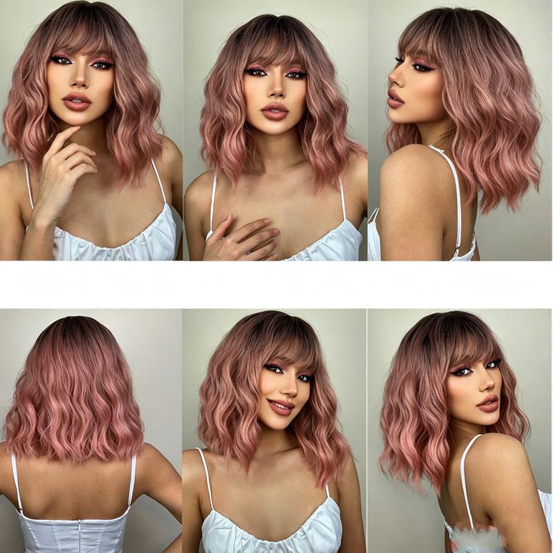 Short Wavy Blonde Bob Wig with Bangs for Women Synthetic Hair Daily Party Halloween