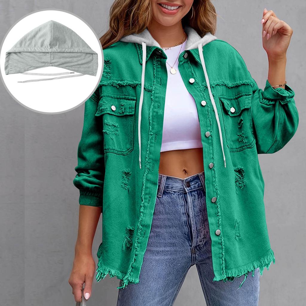 Damska codzienna luźna patchworkowa katana dżinsowa z przetarciami, płaszcz średniej długości