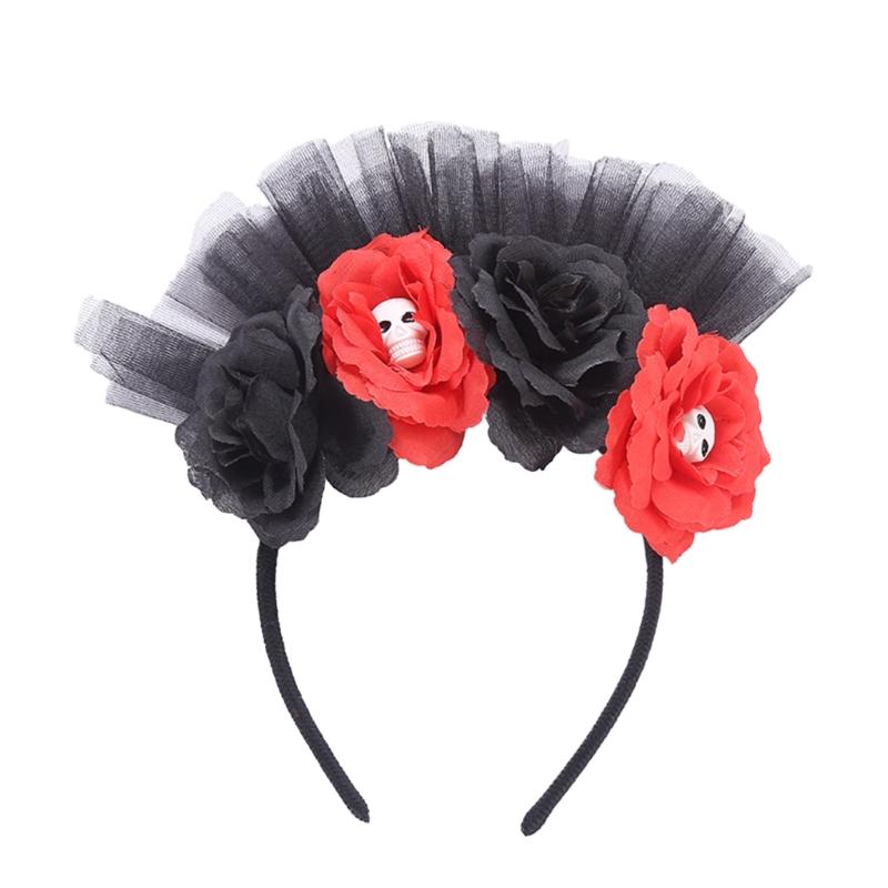Eyeball Skull Headband for Kids Halloween Flower Theme Parties Dark Skeleton Headband with Colorful Rose Eyeball 1