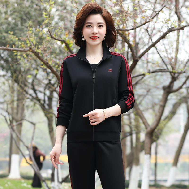 Women's Spring/Fall Casual Sportswear Set: Loose Fit Long-Sleeve Jacket & Sweatshirt, Plus Size, 2-Piece for Middle-Aged & Elderly
