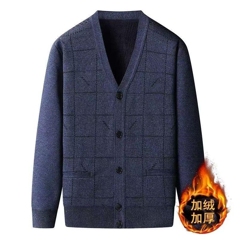 Warm Jacket Tops Autumn Winter Middle-aged Elderly Men's Sweater Cardigan Velvet Thickened Knitted