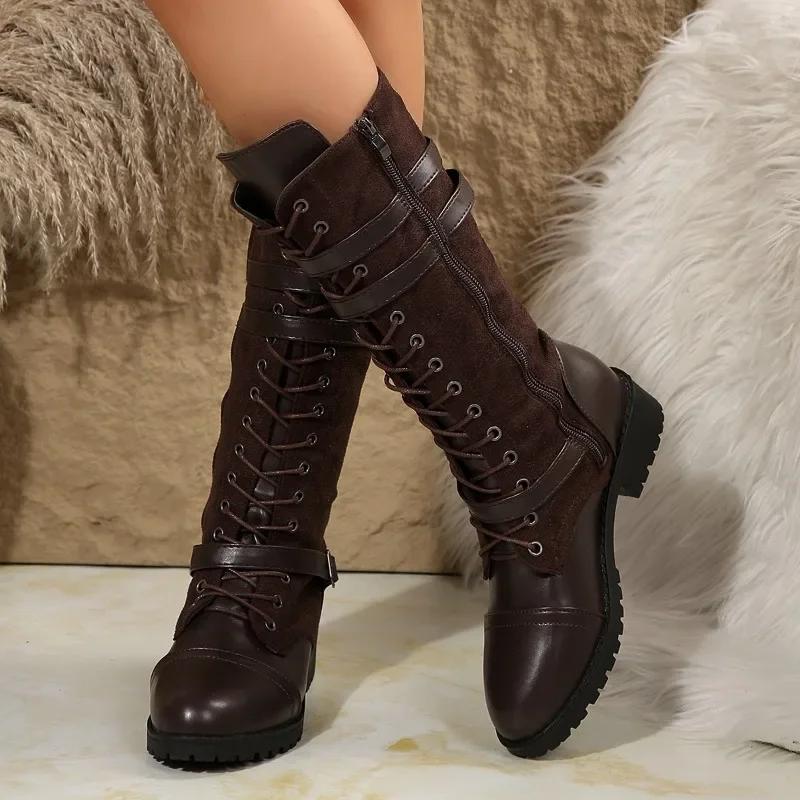 Fashion 2025 Lace-up Women's Winter Boots New Belt Buckle Cowboy Knee High Boots Women Denim Leather Goth Shoes Punk Zip Boots for Women