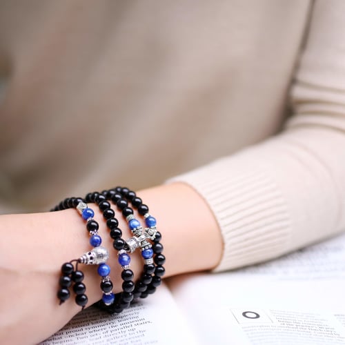 COAI 108-Bead Bracelet/Necklace with Obsidian and Kyanite, a Power Stone Prayer Beads for Wish-Fulfillment, Suitable for Men and Women, No Wrist Size