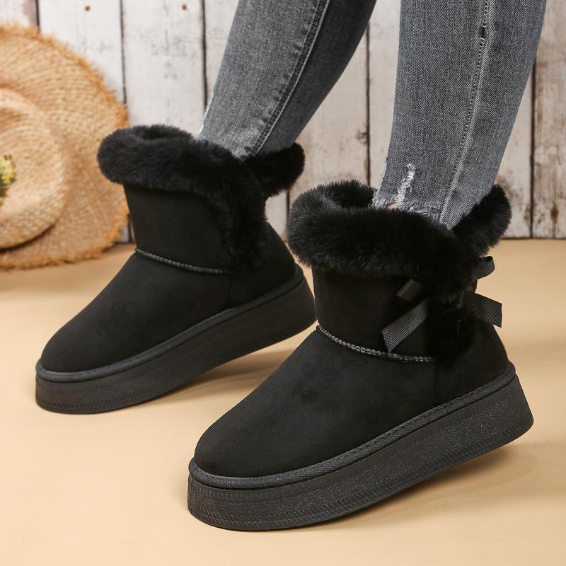 Fashion Faux Fur Bowknot Decoration Snow Boots 2025 Side Zip Thick Bottom Medium Heel Boots Warm Plush Leather Shoes Winter Warm Boots