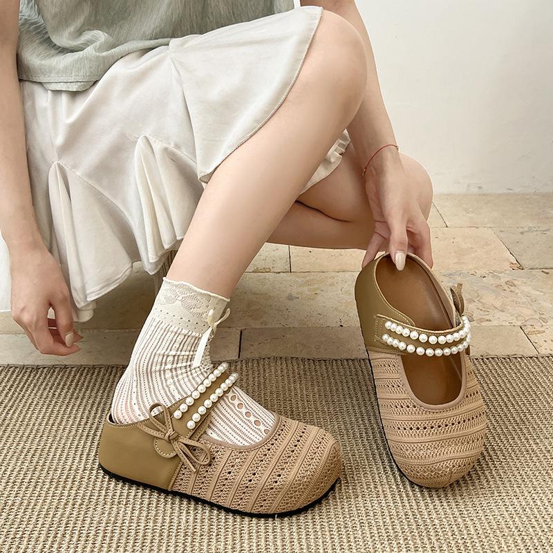 2025 New Summer Thick-soled Heightening Woven Bag Head Half Slippers Women Wear Versatile Mesh Bow Pearl Shoes
