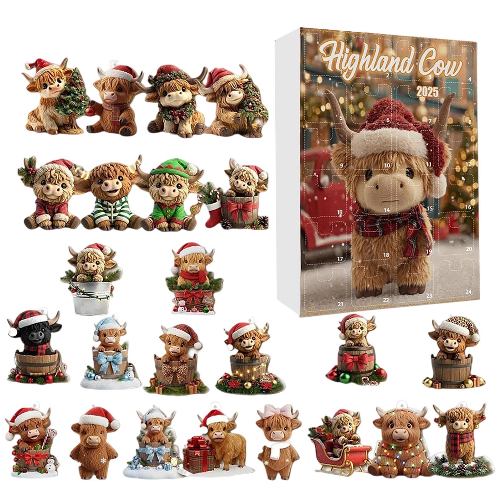 

2025 Christmas Ox Advent Calendar, 24-Day Christmas Advent Calendar Ornament, Christmas Tree Cartoon Ox Decorative Ornament, 2D Flat Acrylic Ornament One Size