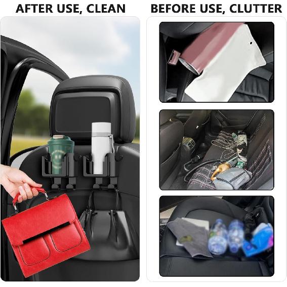 2PCS Multifunctional Car Cup Holder + Car Phone Holder + Car Purse Hook,Hanging Back Seat Car Organizer With Headrest Hooks,Universal Car Organizer