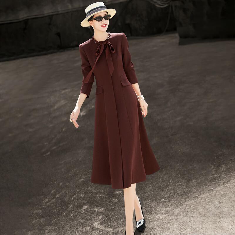 Lanzhere 2026 Spring Bow-Knot Long Sleeve A-Line Midi Dress M