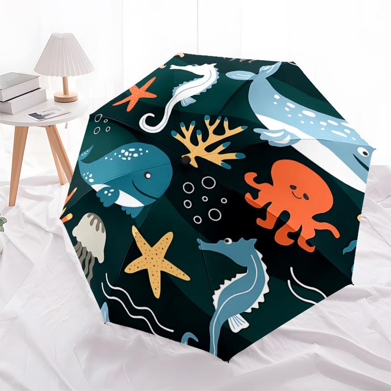1pc Ocean Creatures Automatic Folding Umbrella, 8-Rib Durable Iron Frame, Compact Travel Umbrella for Women & Men 013