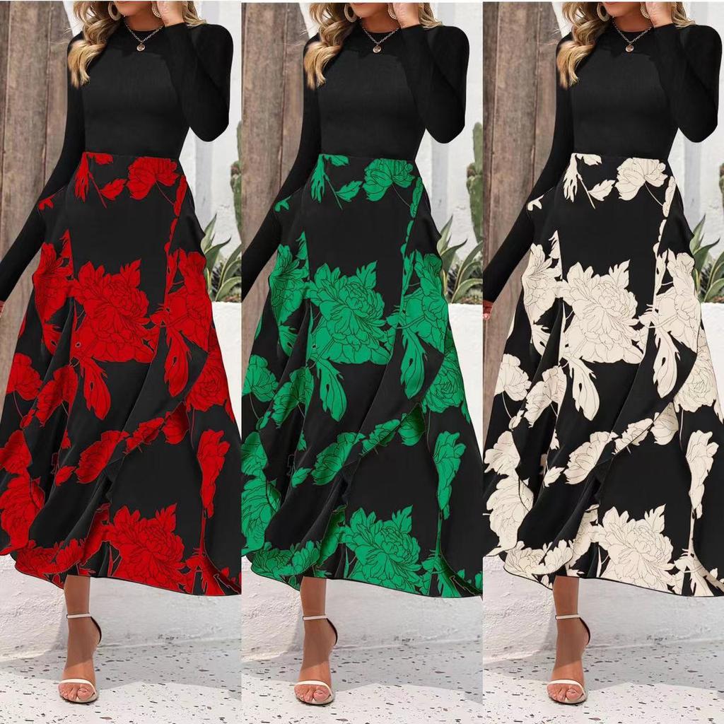 Autumn Women's Dress Fashion Splicing Floral Long Dress Round Neck Long Sleeve Ruffle Dresses