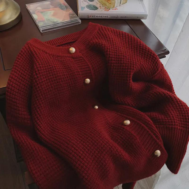 WTEMPO Large Size Solid Color O-Neck Loose Knitted Cardigans Women's Casual Versatile Long Sleeve Button Sweater Cardigans