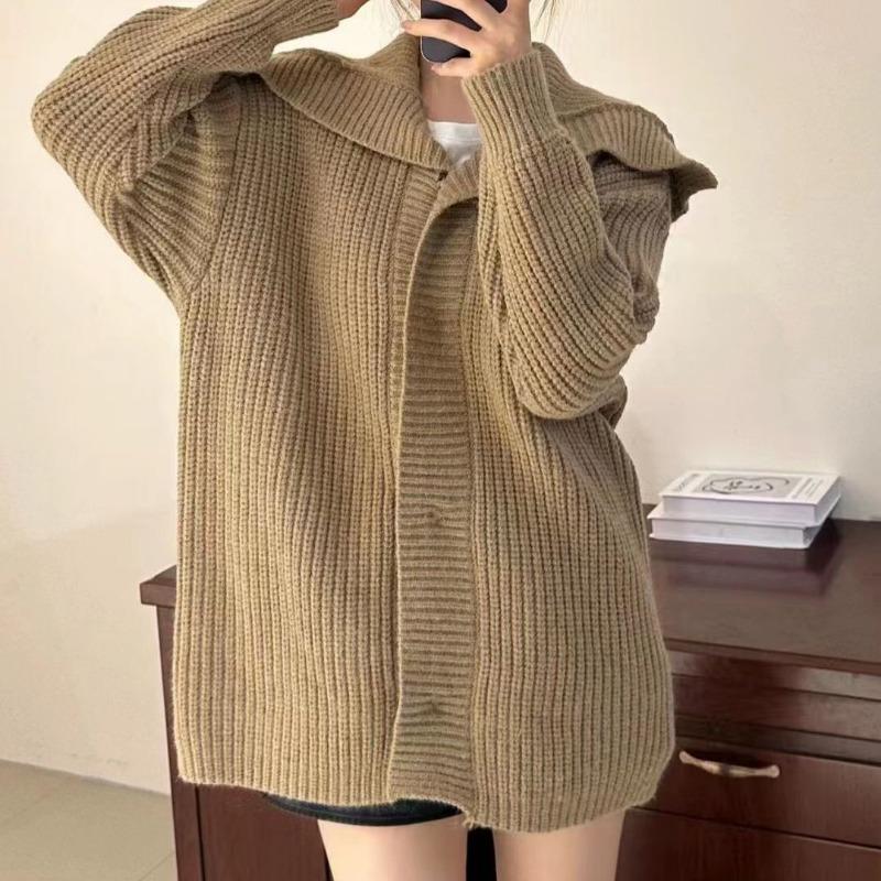 Retro simple lapel knitted cardigan women's autumn and winter new solid color loose lazy wind sweater jacket
