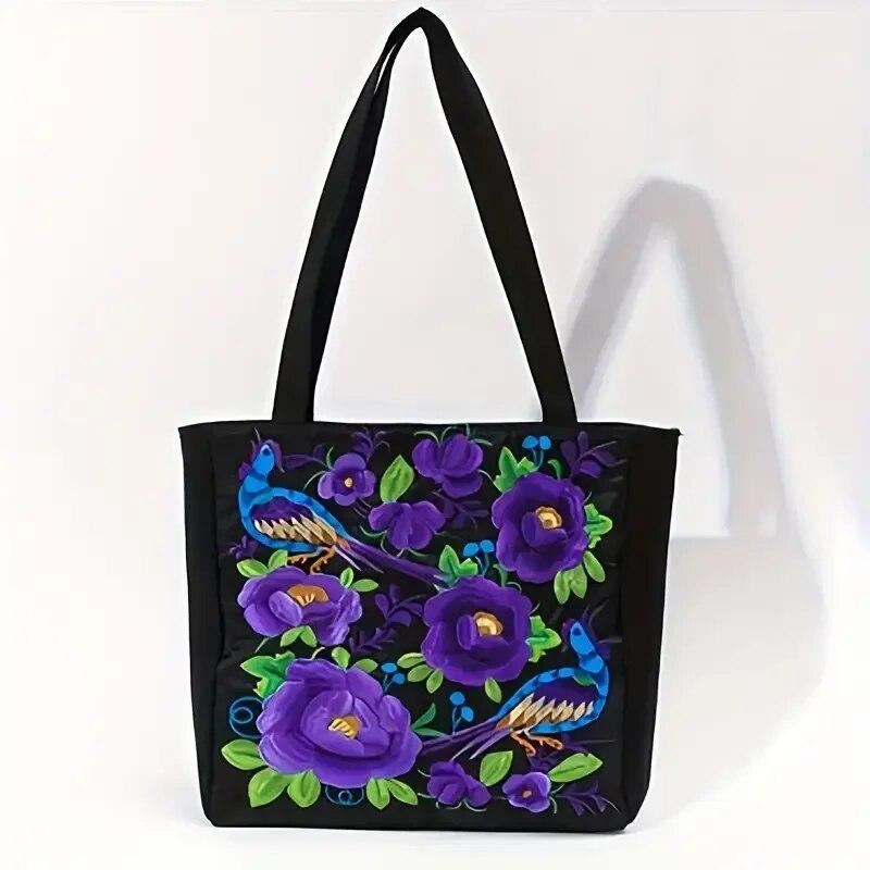 Ethnic Style Flower Embroidery Canvas Tote Bag Large Capacity Shoulder Handbag for Women