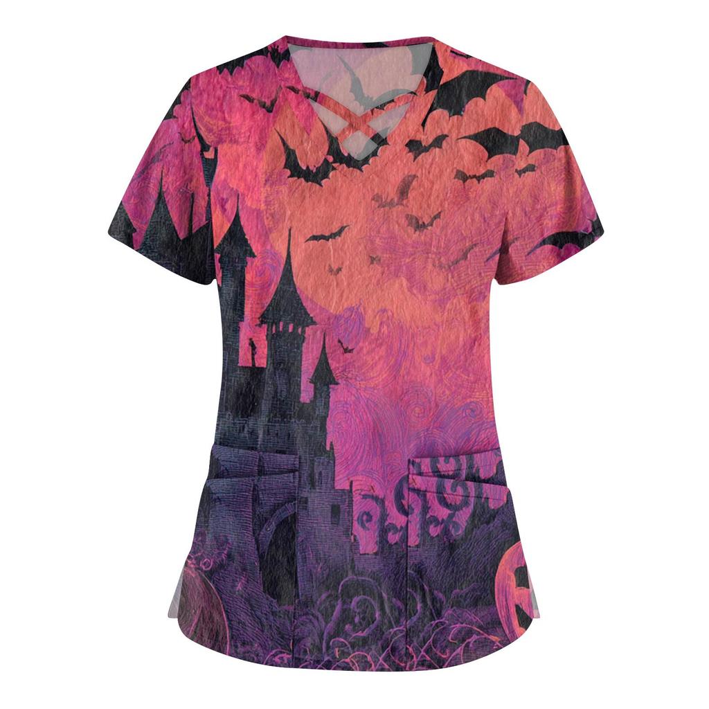 Women's Fashion  V-Neck Short Sleeve Overalls Double Pocket Halloween Printed Tops  Apparel