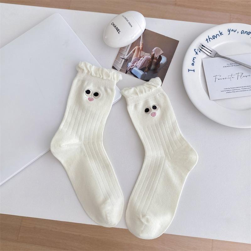 Female Spring Cotton Cute Cartoon Eyes Embroidered Bubble Mouth Tube Socks