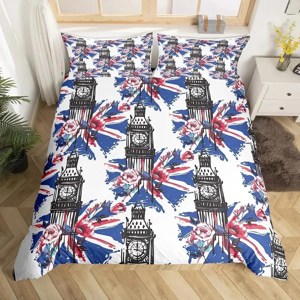 London Duvet Cover Full SizeTelephone Booth The Big Ben Bedding Set Comforter Cover Set Nostalgic Retro United Kingdom Bedding