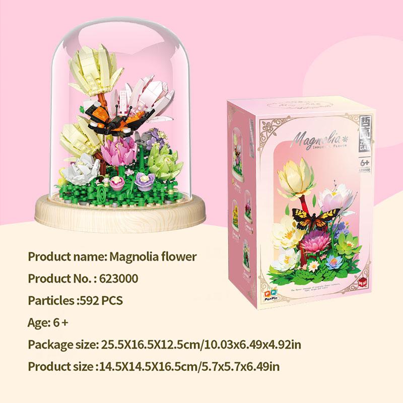 592PCS Magnolia Butterfly Building Blocks Creative Insect Flower Model Bricks Set Desktop Ornaments Kids DIY Toys Birthday Gifts