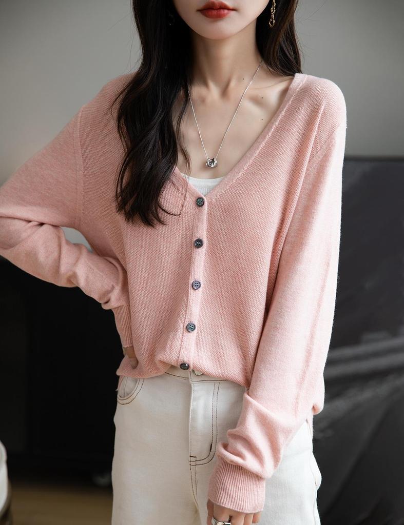 Women's Loose Fit Wool V-Neck Long Sleeve Cardigan Sweater