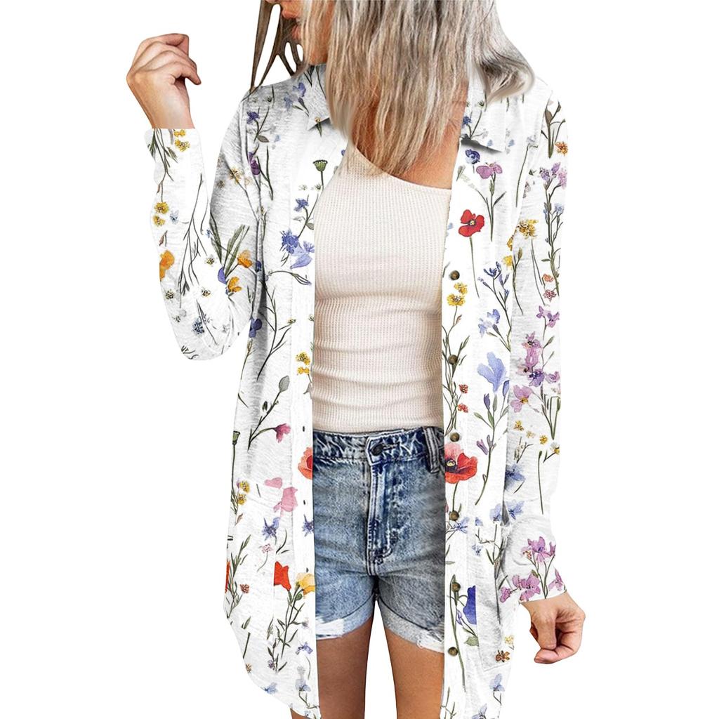Women's Casual Fashion Floral Print Long Sleeve Mid-Length Cardigan Jacket