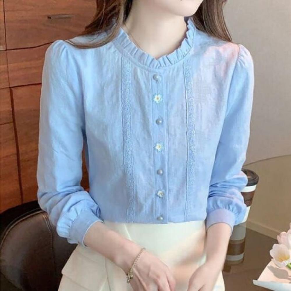 Navava Women Frill Flower Embroidery Long Sleeve Blouse Nb2460