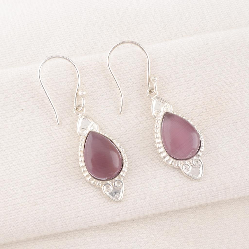 Purple Cat's Eye 925 Solid Sterling Silver Earrings, Handmade Gemstone Earrings Jewelry, Gifts For Wife Brand New Earrings