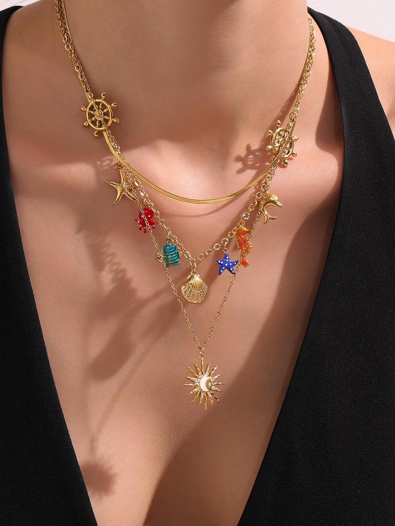 Oumayka Ocean Vacation Style Drip Oil Starfish, Seashell & Seahorse Stainless Steel Necklace