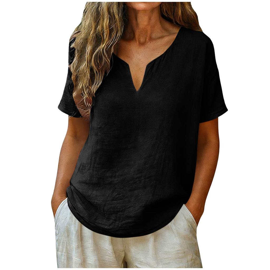 Women's Loose-Fit Fashionable Cotton-Linen -Color V-Neck Casual Top