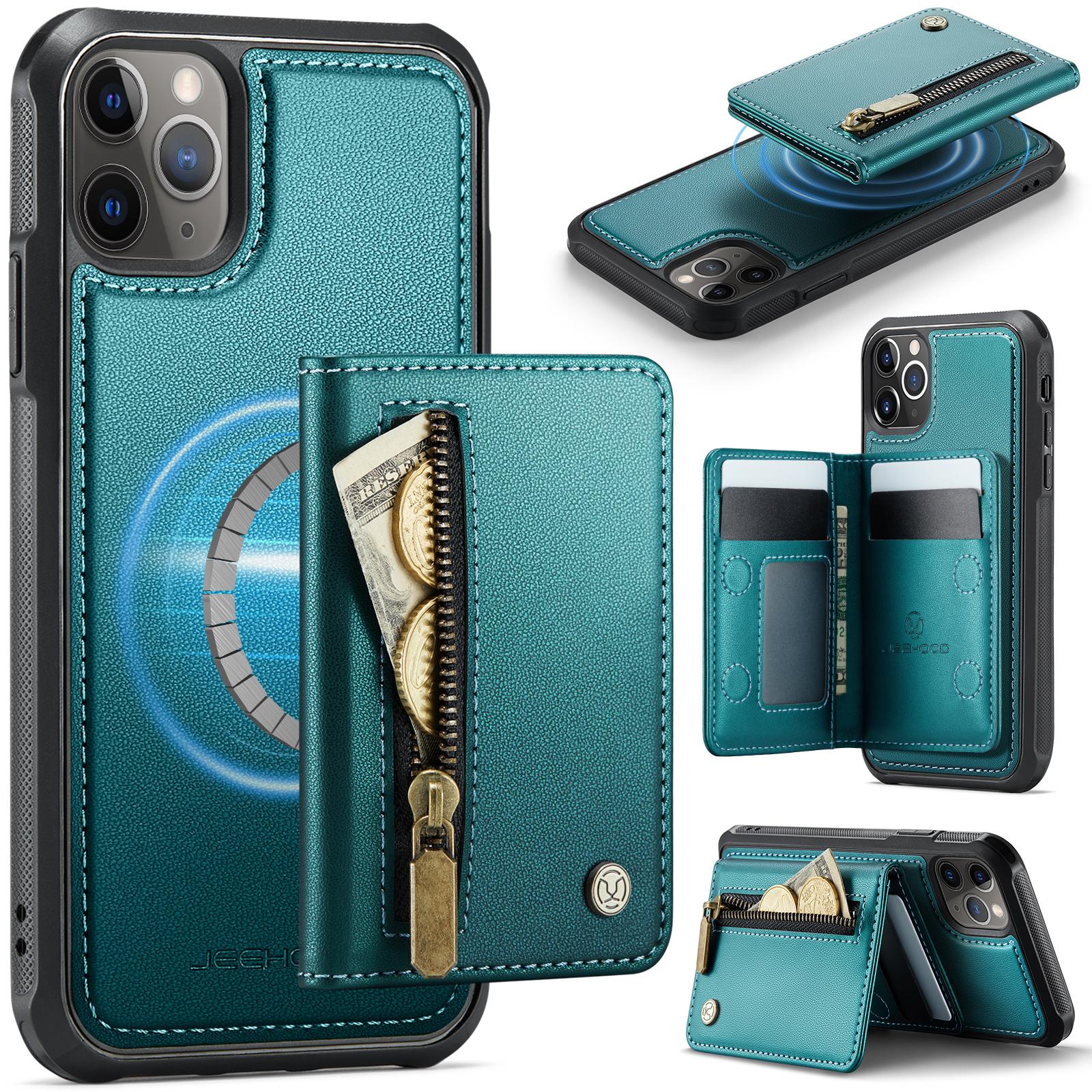 

For iPhone 11 Pro Case JEEHOOD J12 Magnetic Detachable Zipper Wallet Kickstand Leather Back Cover Compatible with MagSafe