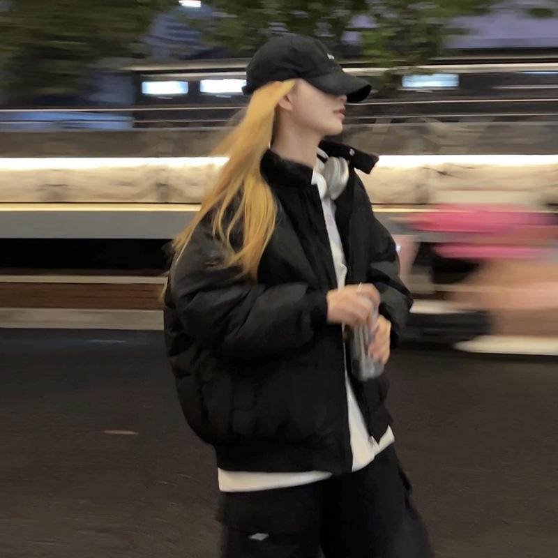 

Stand-up collar down cotton-padded clothes for women s winter new neutral wind loose retro warm couple cotton-padded clothes thickened coat XL чёрный