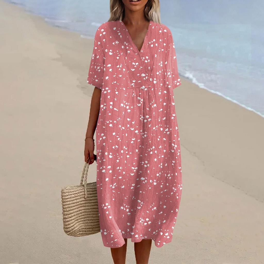 Damska luźna codzienna sukienka modowa z nadrukiem z dekoltem w serek spódnica plażowa