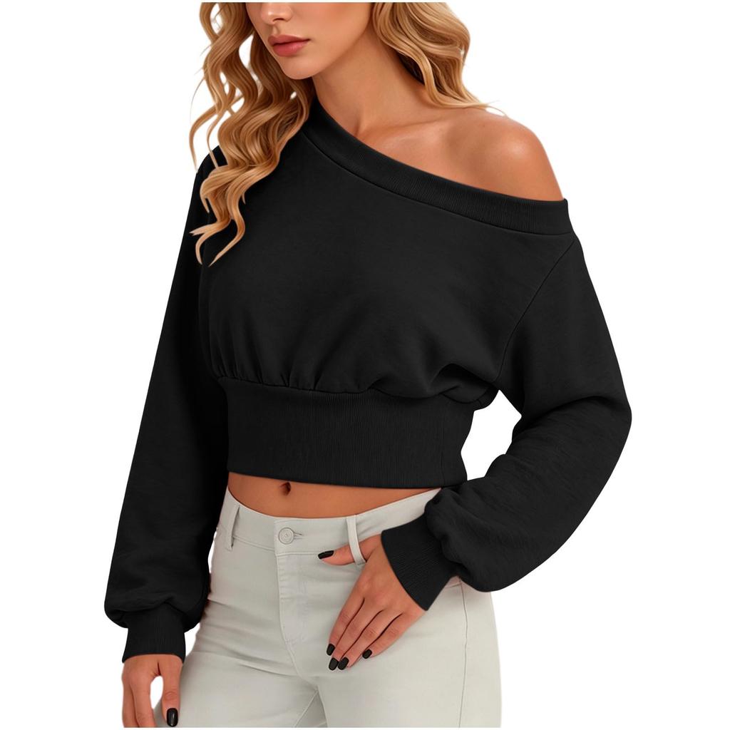 Women's Fashion Off-Shoulder Long Sleeve Color Hoodie Sweatshirt Casual Top for Everyday Wear