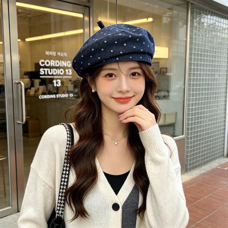 Women S Vintage Polka Dot Beret Hat Large Size Fashionable Painter Cap