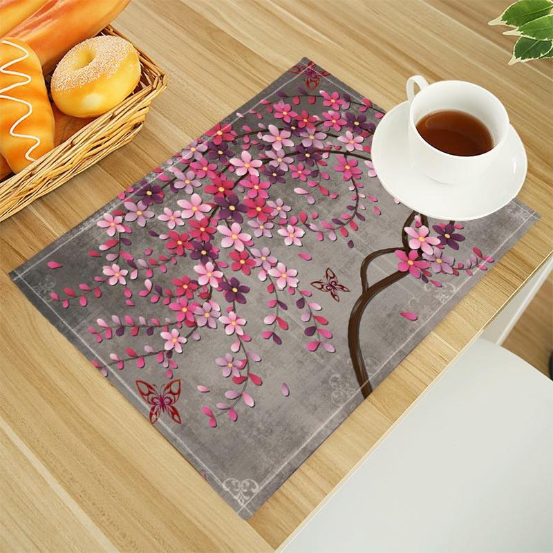 

3D Nature Landscape Placemat Pink Flower Linen Fabric Table Mats Family Dinner Tableware Kitchen Table Mat 30X45cm 2pcs 30x45cm