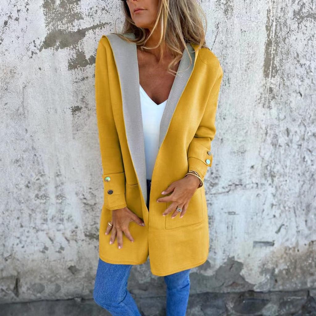 Fashionable Solid Color Long Sleeved Pocket Casual Sweater Cardigan Hooded Jacket