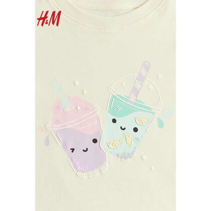 

HM 2025 Summer New Children s Clothing Girl Cotton Jersey round Neck Pattern Design T-shirt 1276546 Light yellow/Smoothies 90/52(1 ½-2Y)