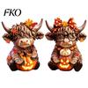 Fine Carving Wood Art 2PCS Highland Cow Ornament, Wooden Rustic Style Figurine, Thanksgiving Home Decoration Theme Art, for Entrance Living Room Decor