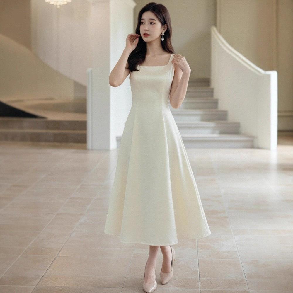 French high-end temperament satin champagne suspender skirt women summer birthday party wedding certificate dress dress women