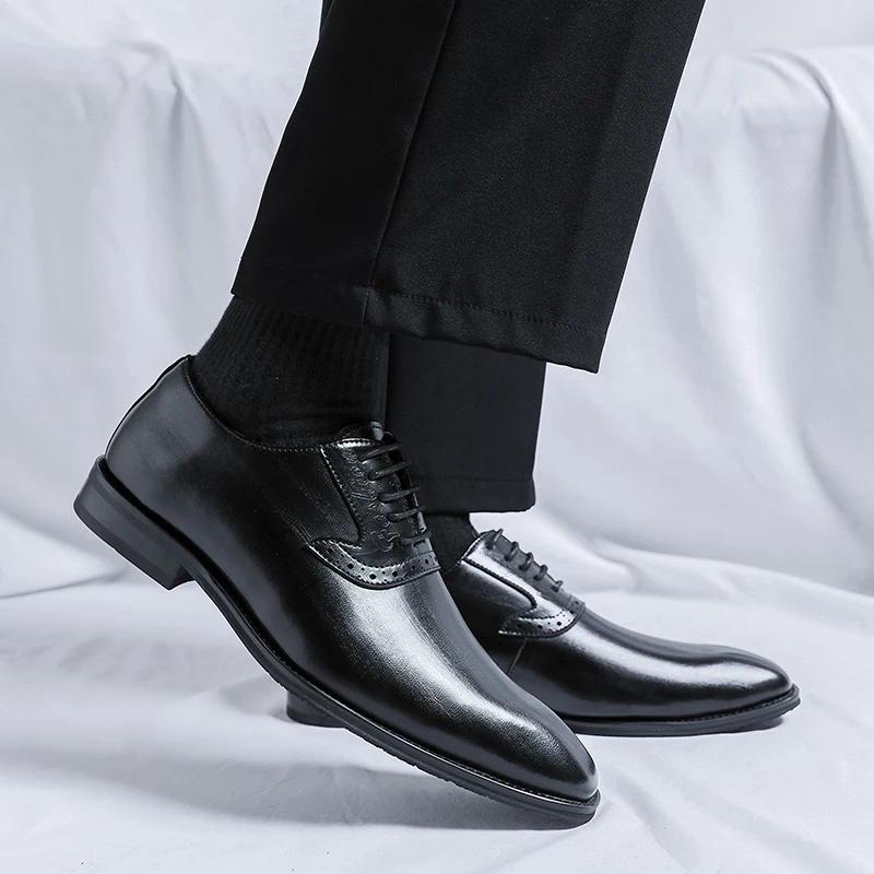 Men Wedding Dress Shoes Fashion Leather Shoes Pointed Lace-up Oxfords Business Shoe Formal Black Brogue Shoes Men Footwear