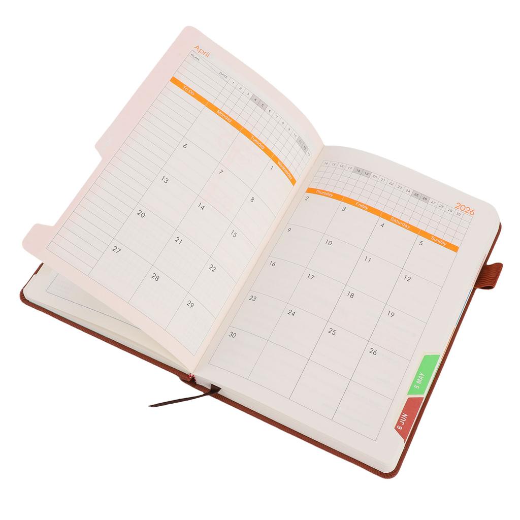 2026 Daily Planner 5.71x8.46in 200 Sheets 180 Degree Opening PU Leather Cover Hourly Appointment Book with Elastic Band