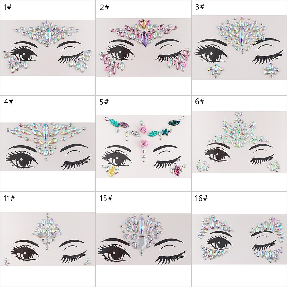 Fashion Colorful 3D Crystal Temporary Tattoo Face Gems Jewels Rhinestone Glitter Adhesive Stickers Festival Body Facial Decor