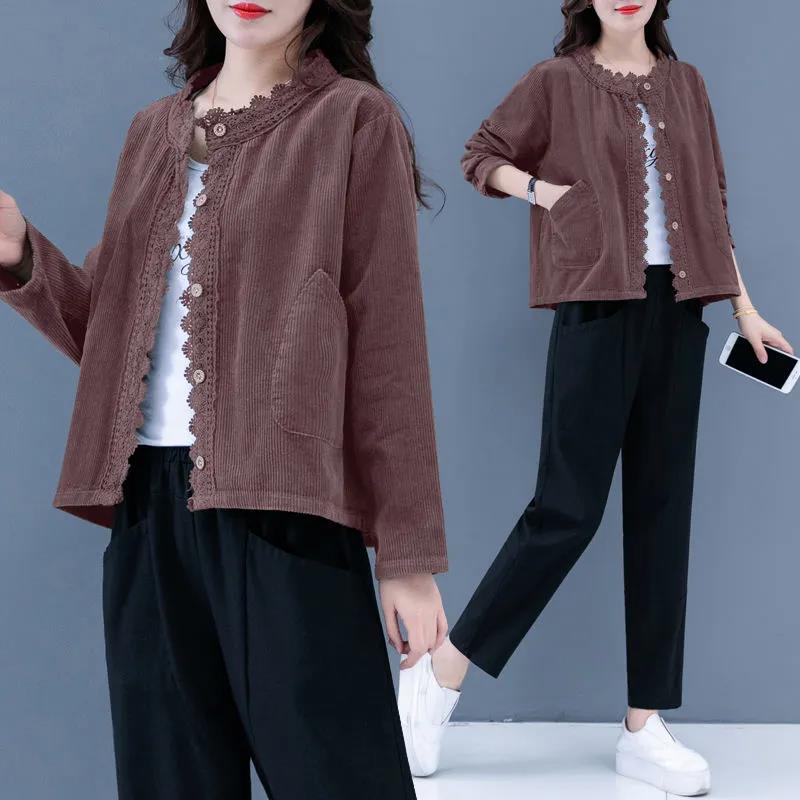 Veste courte en velours côtelé et dentelle pour femme, ample, grande taille, couleur unie, rétro, décontractée, printemps et automne