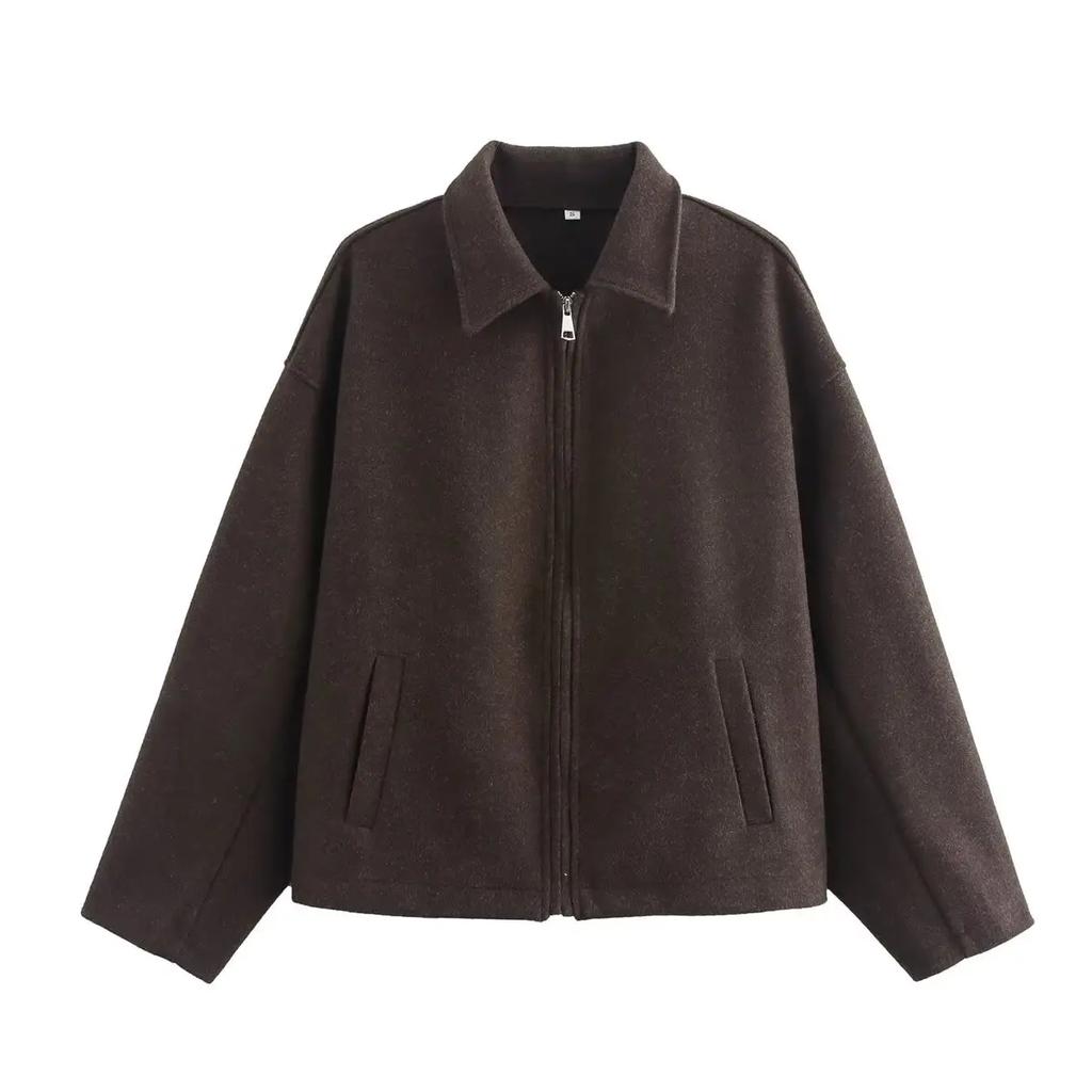 Wool Blended Jacket for Women Fashion Autumn Winter New Long Sleeved Lapel Zip Pocket Warm Woolen Jackets Short Coats