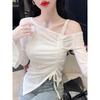 Pleated Lace Shirt with Straps and Slanted Shoulders for Women's Spring and Autumn New Design Sense, Flared Sleeves, Slim Fit, Chic Niche Top