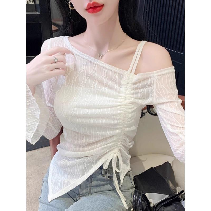 Pleated Lace Shirt with Straps and Slanted Shoulders for Women's Spring and Autumn New Design Sense, Flared Sleeves, Slim Fit, Chic Niche Top